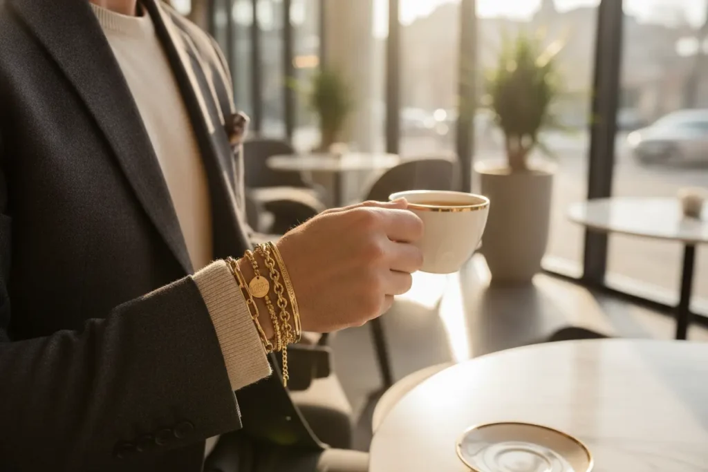 Combinação elegante de pulseiras de ouro para o dia