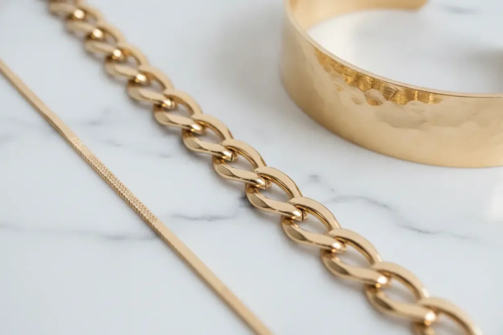 Diferentes espessuras de pulseiras de ouro no pulso