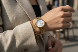 Mulher combinando bracelete de ouro com elegância